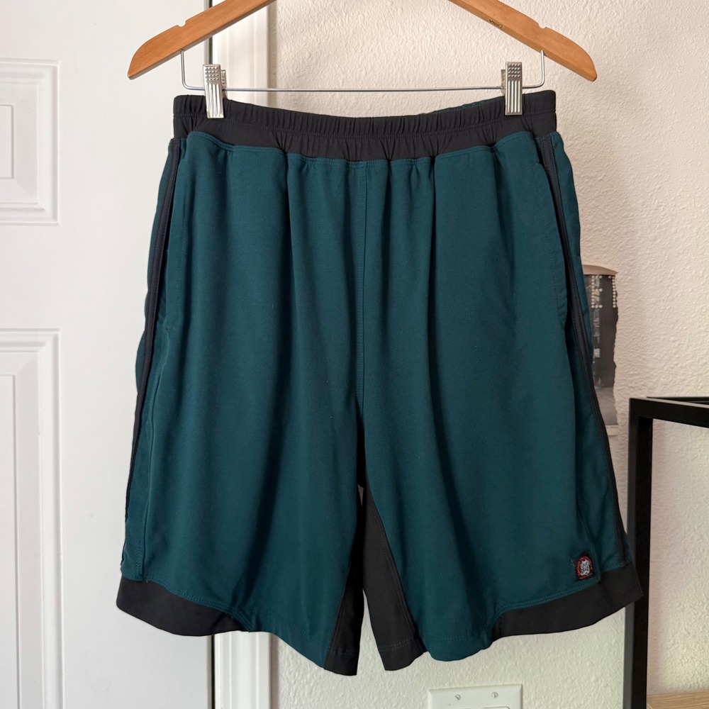 ROUGH TRADE GEAR emerald green black side stripe logo patch athletic knit shorts
